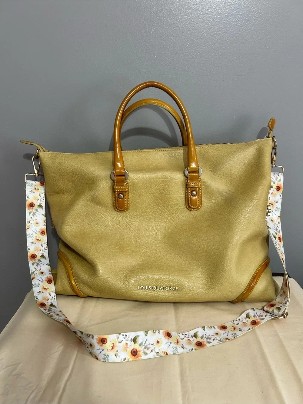 Louis Quatorze Satchel Square Grain Leather Designer Bag Pale Yellow Top Handle
